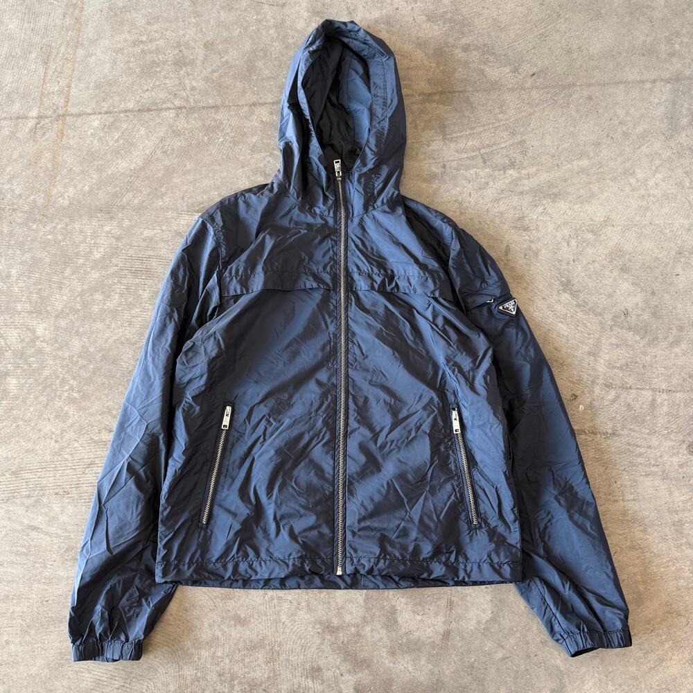 Prada Mens Navy Re-Nylon Triangle Logo Hooded Windbreaker Jacket Size 48